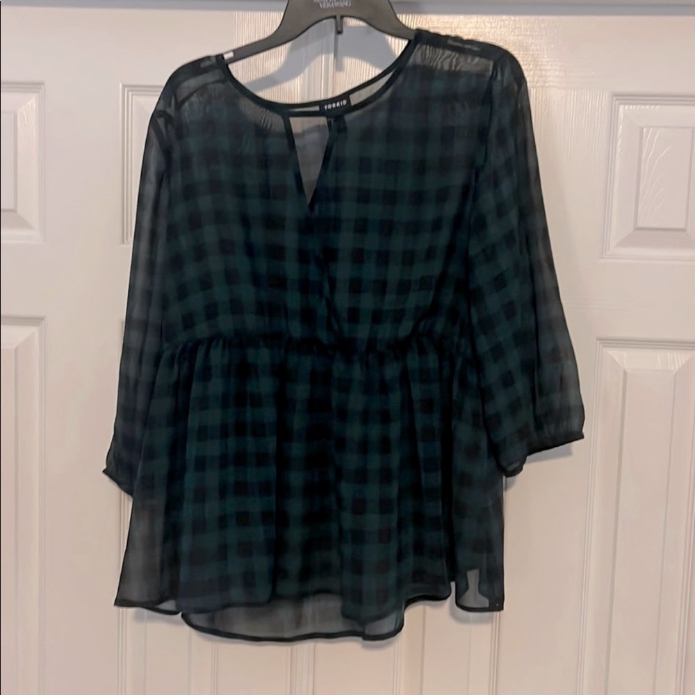 Sheer Torrid Green and Black plaid Blouse